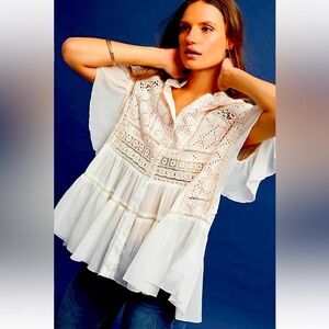 Anthropologie Lindy Popover Blouse, by Akemi + Kin Ivory Women’s Sz S 
Crochet